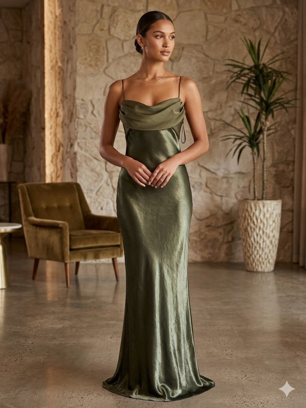 Betsy & Adam Olive Satin Cowl Slip Gown